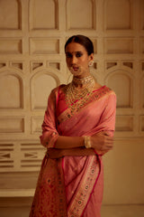 Gold Zari Handloom Kadhua Banarasi Shalu Silk Satin Saree - Small Border - Sangita - All Gold Zari - Peach Red