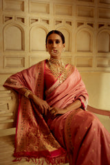 Gold Zari Handloom Kadhua Banarasi Shalu Silk Satin Saree - Small Border - Sangita - All Gold Zari - Peach Red