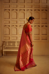 Gold Zari Handloom Kadhua Banarasi Shalu Silk Satin Saree - Small Border - Sangita - All Gold Zari - Peach Red