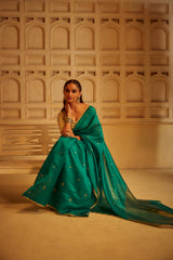 Handloom Silk Chanderi Saree - Mini Round Buta With Red Mina - Peacock Green