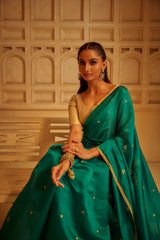 Handloom Silk Chanderi Saree - Mini Round Buta With Red Mina - Peacock Green