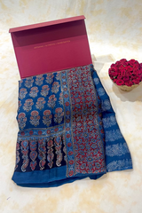 HOV Ajarakh Hand-Block Print Saree - Modal -Blue