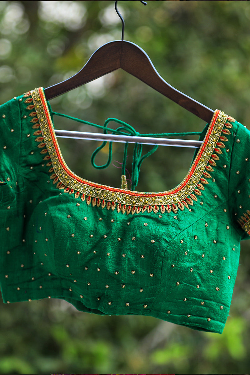 Bridal Hand Embroidered Green Raw Silk Blouse – House Of Vaarasa