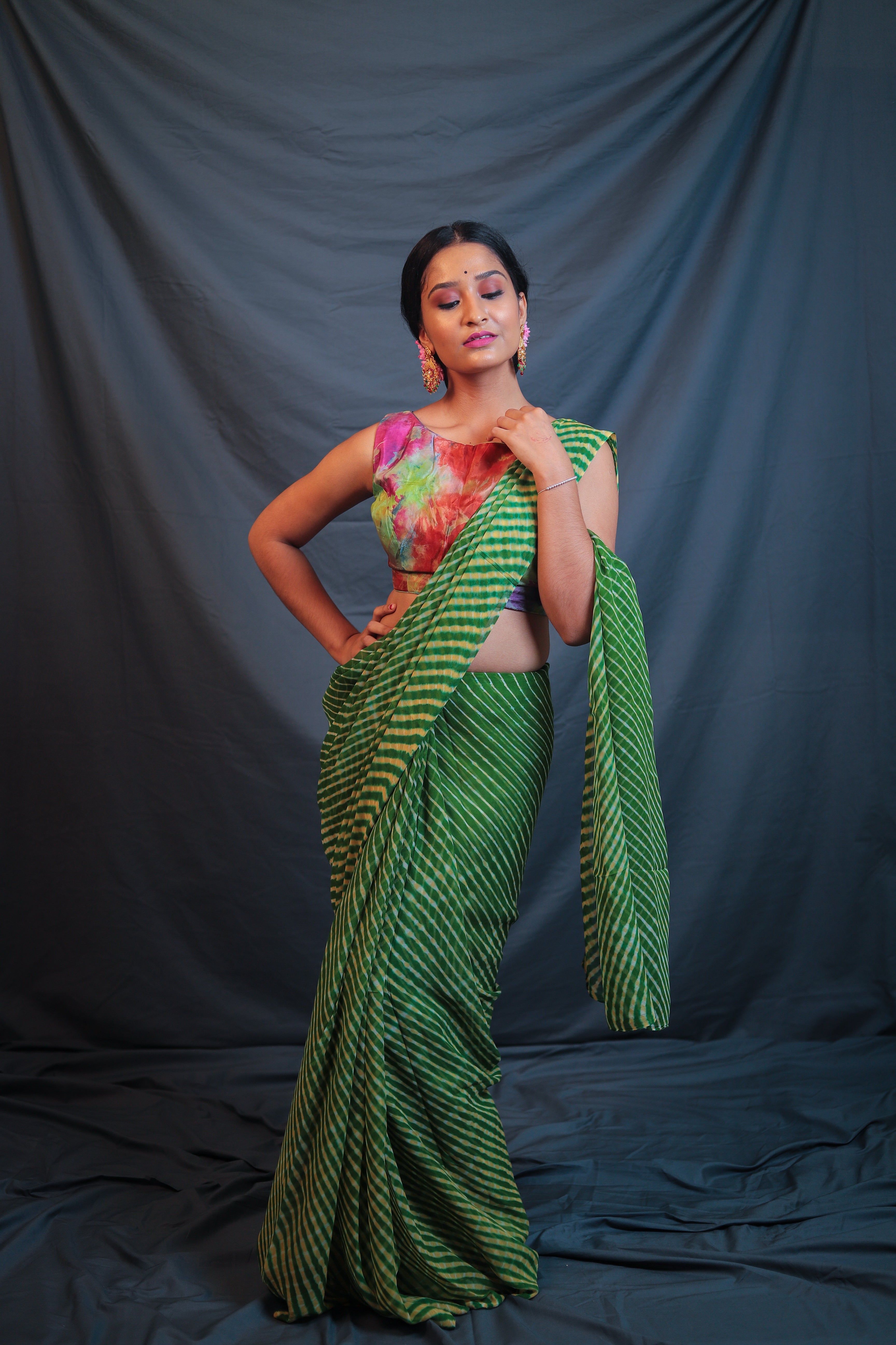 dark green leheriya saree