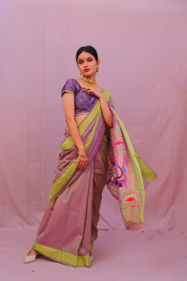 Handwoven Pinkish Dhoop Chhaon Color & Gold Paithani Saree With Lotus Motifs