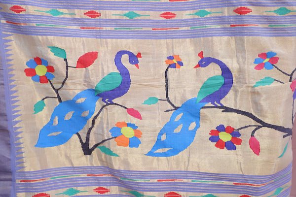 Handwoven Ice Blue & Gold Paithani Saree With Peacock Motifs