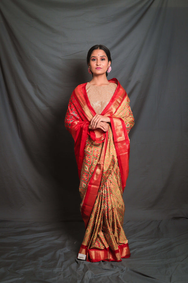 Antique Gold & Red Handloom Double Ikat Patola Saree - Vaarasa