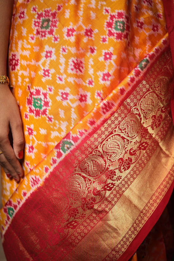 Mango Yellow & Red Kanchi Border Handloom Double Ikat Saree - Vaarasa
