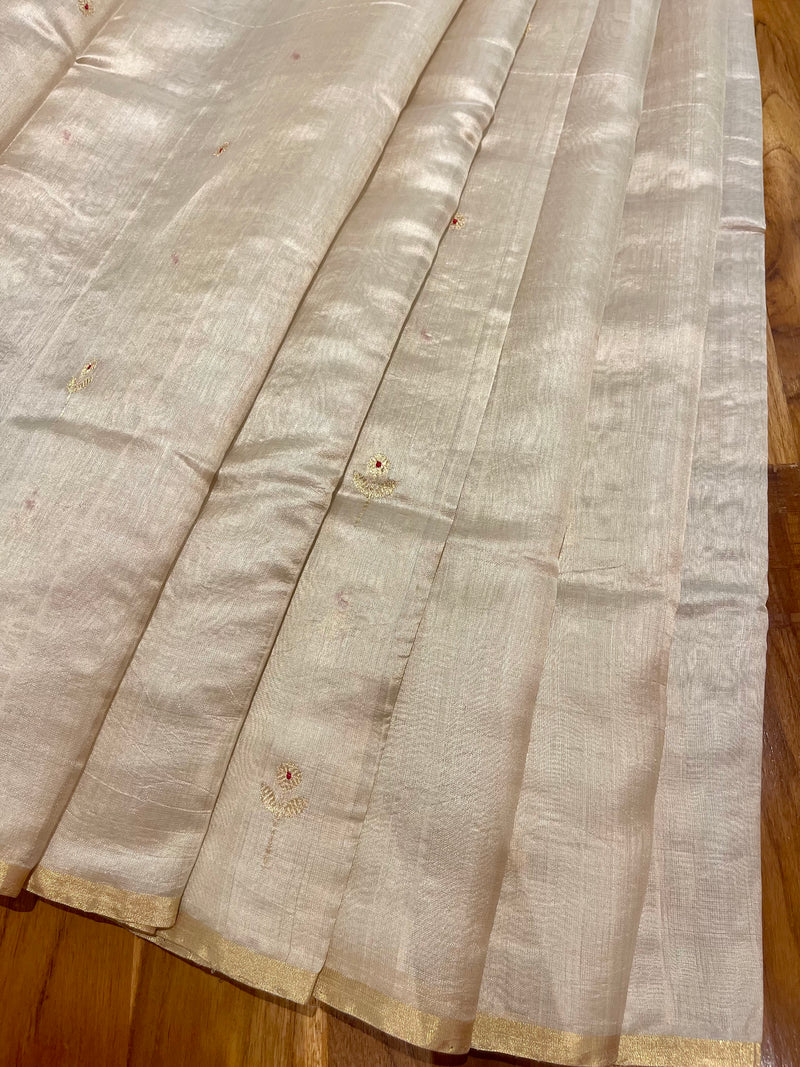Handloom Silk Chanderi Saree - Mini Round Buta With Red Mina - Pink