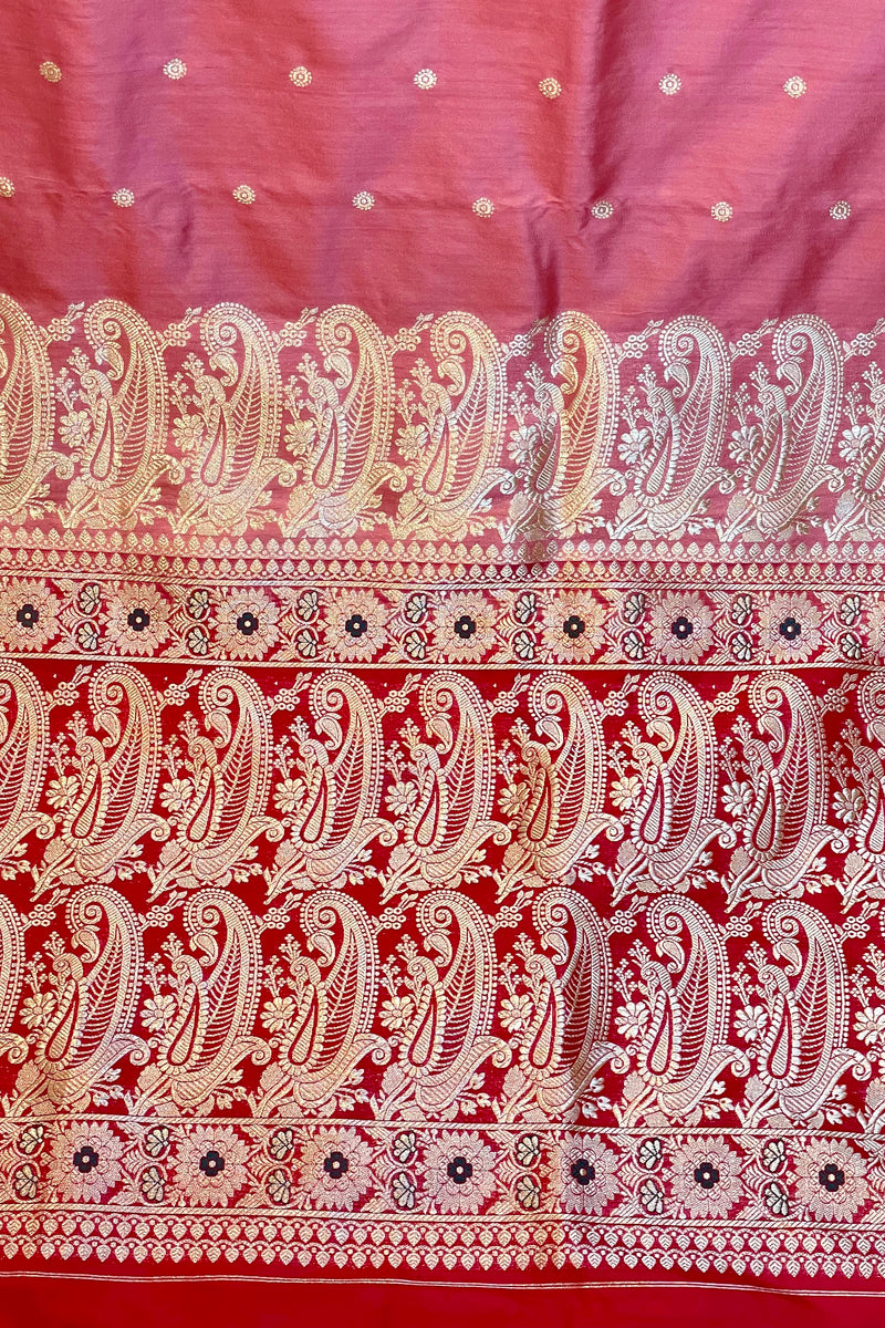 Pure Zari Handloom Kadhua Banarasi Shalu Silk Satin Saree - Small Border - Sangita - All Gold Zari - Peach Red