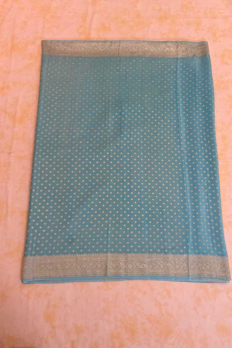 HOV Handloom Banarasi Crepe Silk Saree -  Butidar Star All Over - Sky Blue - 076