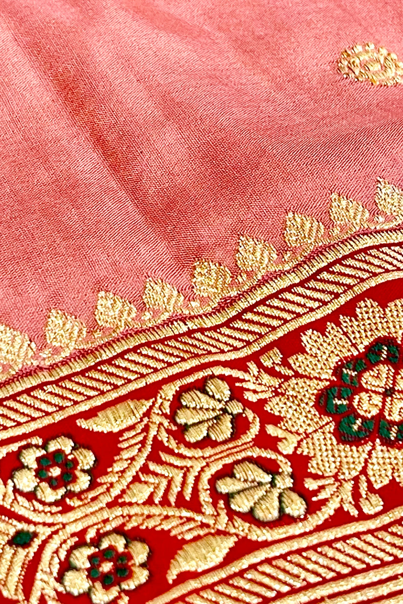 Pure Zari Handloom Kadhua Banarasi Shalu Silk Satin Saree - Small Border - Sangita - All Gold Zari - Peach Red
