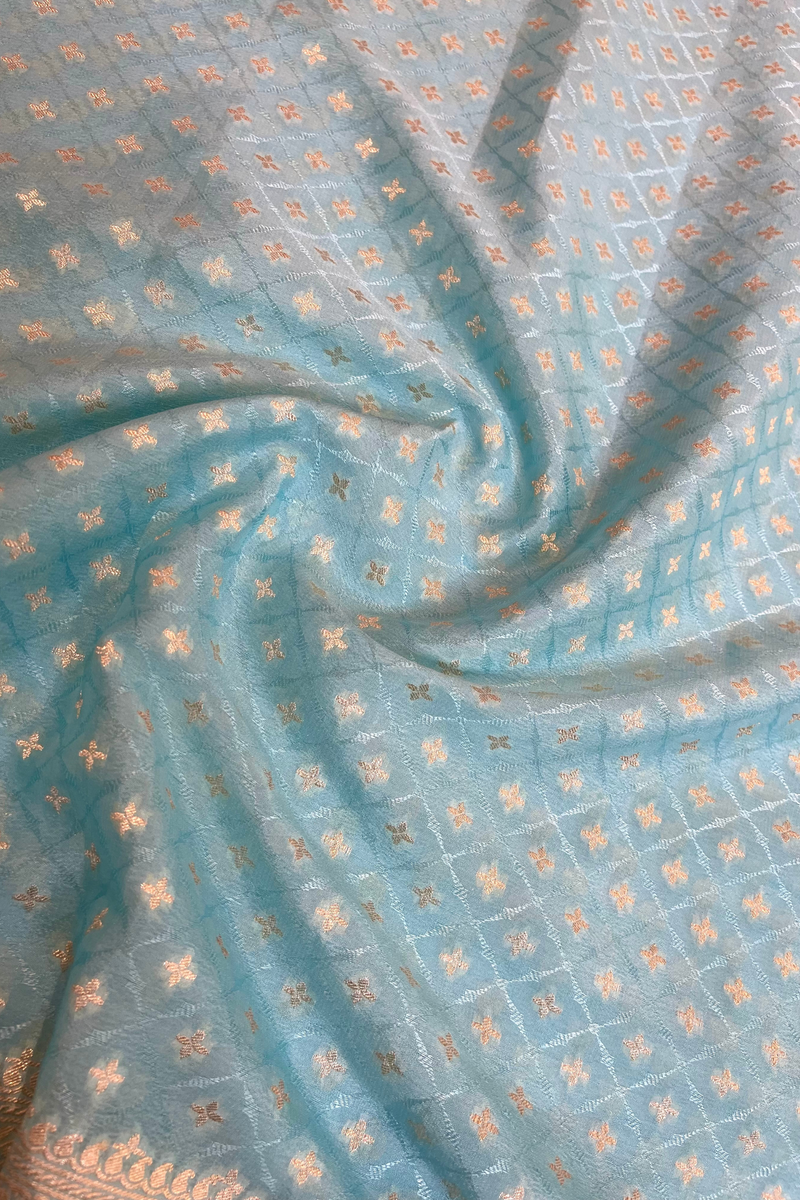 HOV Handloom Banarasi Crepe Silk Saree -  Butidar Star All Over - Sky Blue - 076