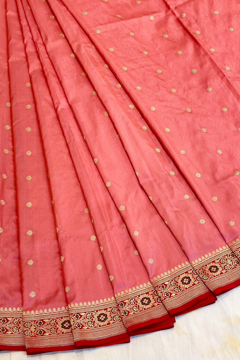 Pure Zari Handloom Kadhua Banarasi Shalu Silk Satin Saree - Small Border - Sangita - All Gold Zari - Peach Red