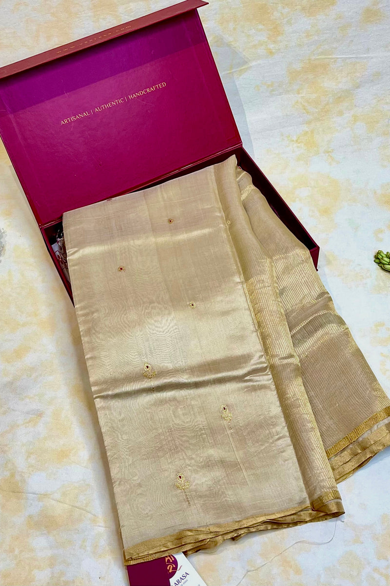 Handloom Silk Chanderi Saree - Mini Round Buta With Red Mina - Pink