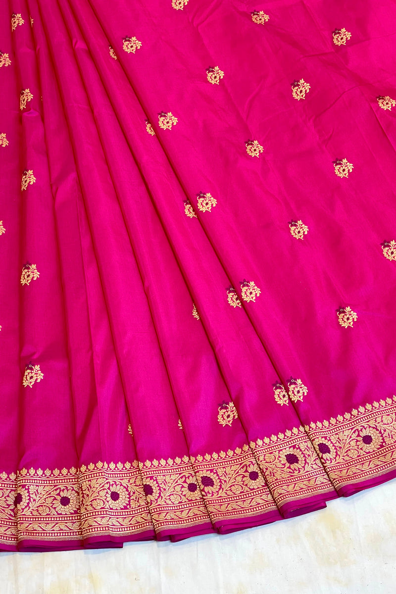 All Gold Zari Handloom Kadhua Banarasi Katan Silk Saree - Butidar - Cherry Pink