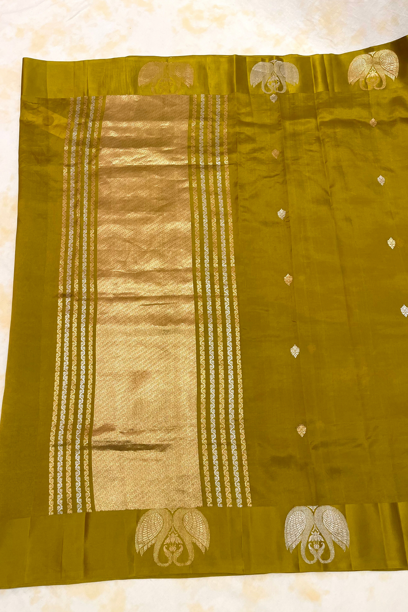 HOV Handloom Banarasi Katan Silk Saree - Butidar Kadhua - Dove Border- Mehendi Gold-  060