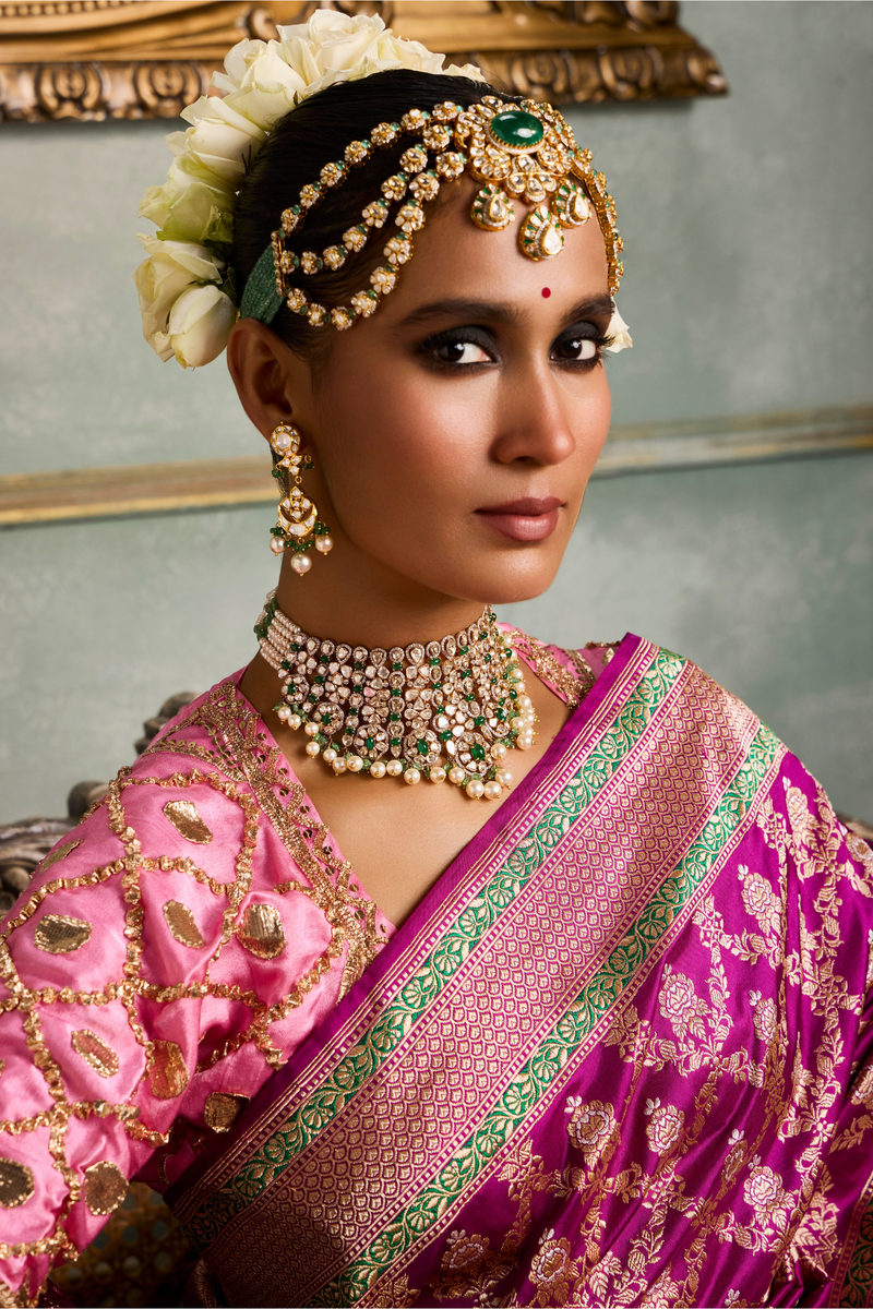 HOV Handloom Pure Zari Banarasi Katan Silk Saree - Jaangla - Purple Green All Over Design - 082