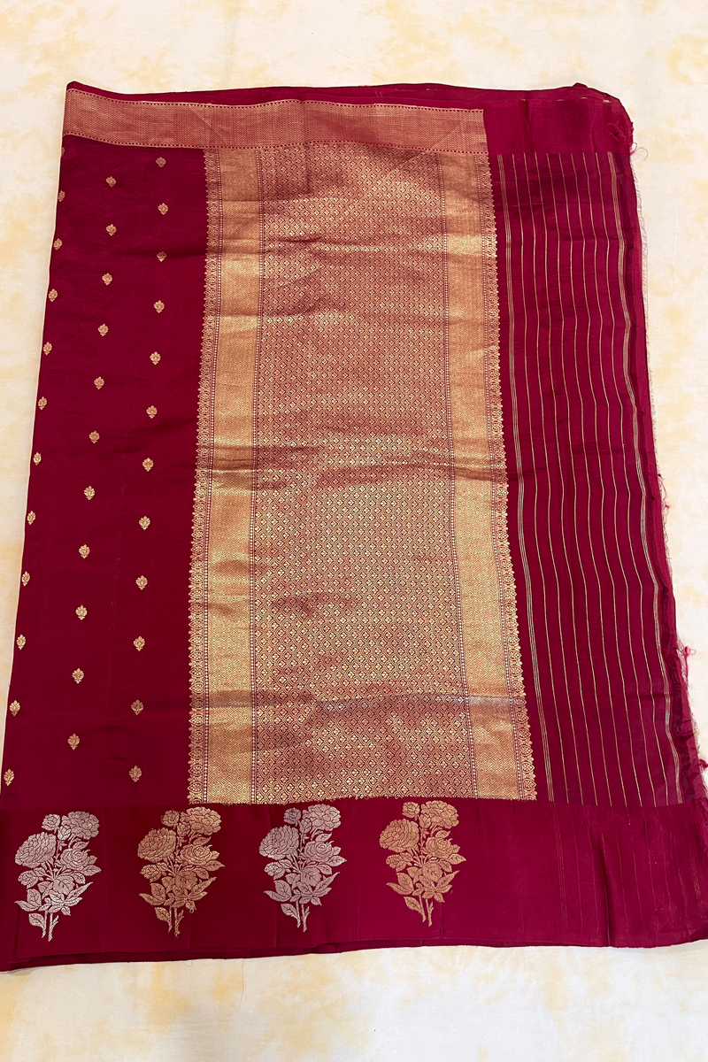 HOV Handloom Banarasi Katan Silk Saree - Butidar Kadhua - Big Rose Buta - Deep Red - 059