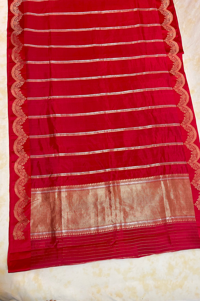 HOV Handloom Banarasi Katan Silk Saree - Butidar Kadhua - Scallop Border Stripe Red- 065