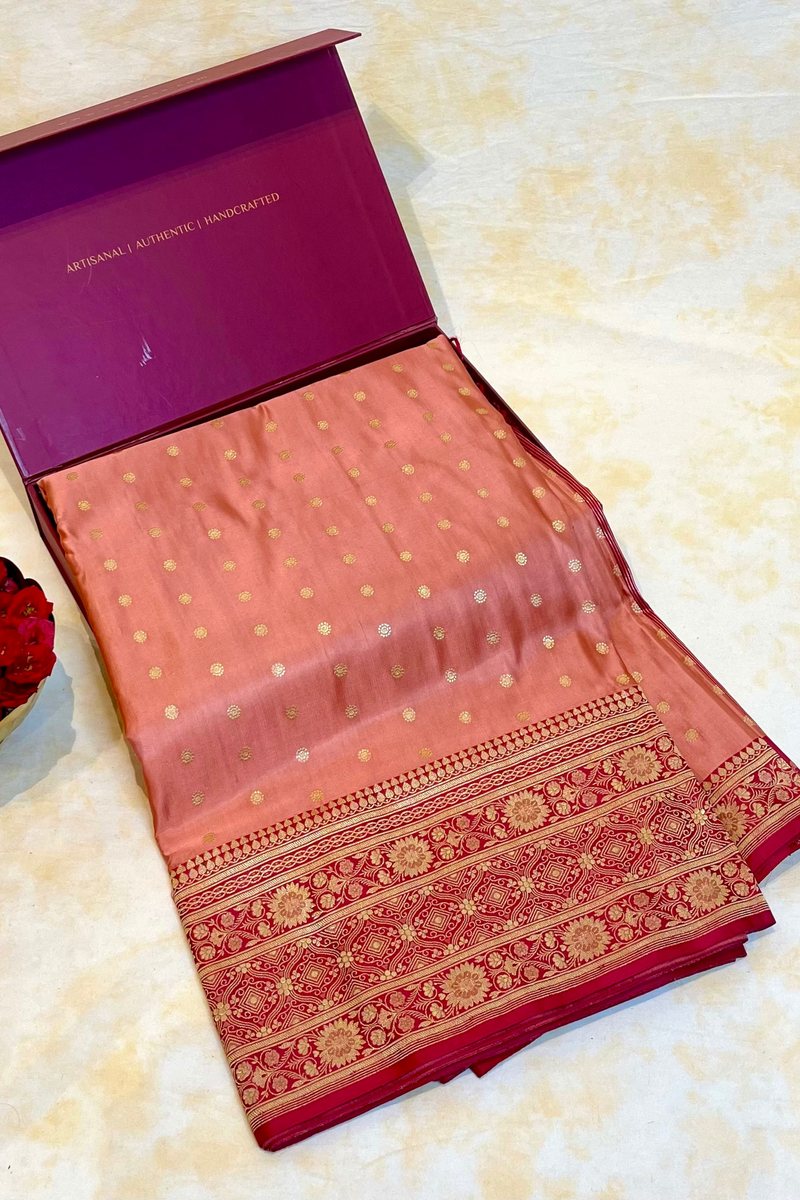 Handloom Kadhua Banarasi Shalu Silk Satin Saree - Sangita - Peach Pink