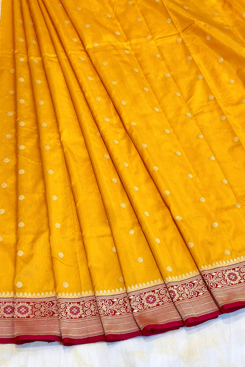 All Gold Zari Handloom Kadhua Banarasi Shalu Silk Satin Saree - Small Border - Sangita - All Gold Zari - Yellow Red