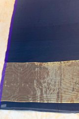 HOV HANDLOOM CHANDERI SAREE - PLAIN STRIPE TEAL - MIDNIGHT BLUE - 097