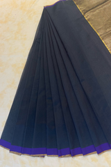 HOV HANDLOOM CHANDERI SAREE - PLAIN STRIPE TEAL - MIDNIGHT BLUE - 097