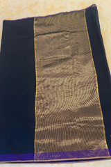 HOV HANDLOOM CHANDERI SAREE - PLAIN STRIPE TEAL - MIDNIGHT BLUE - 097