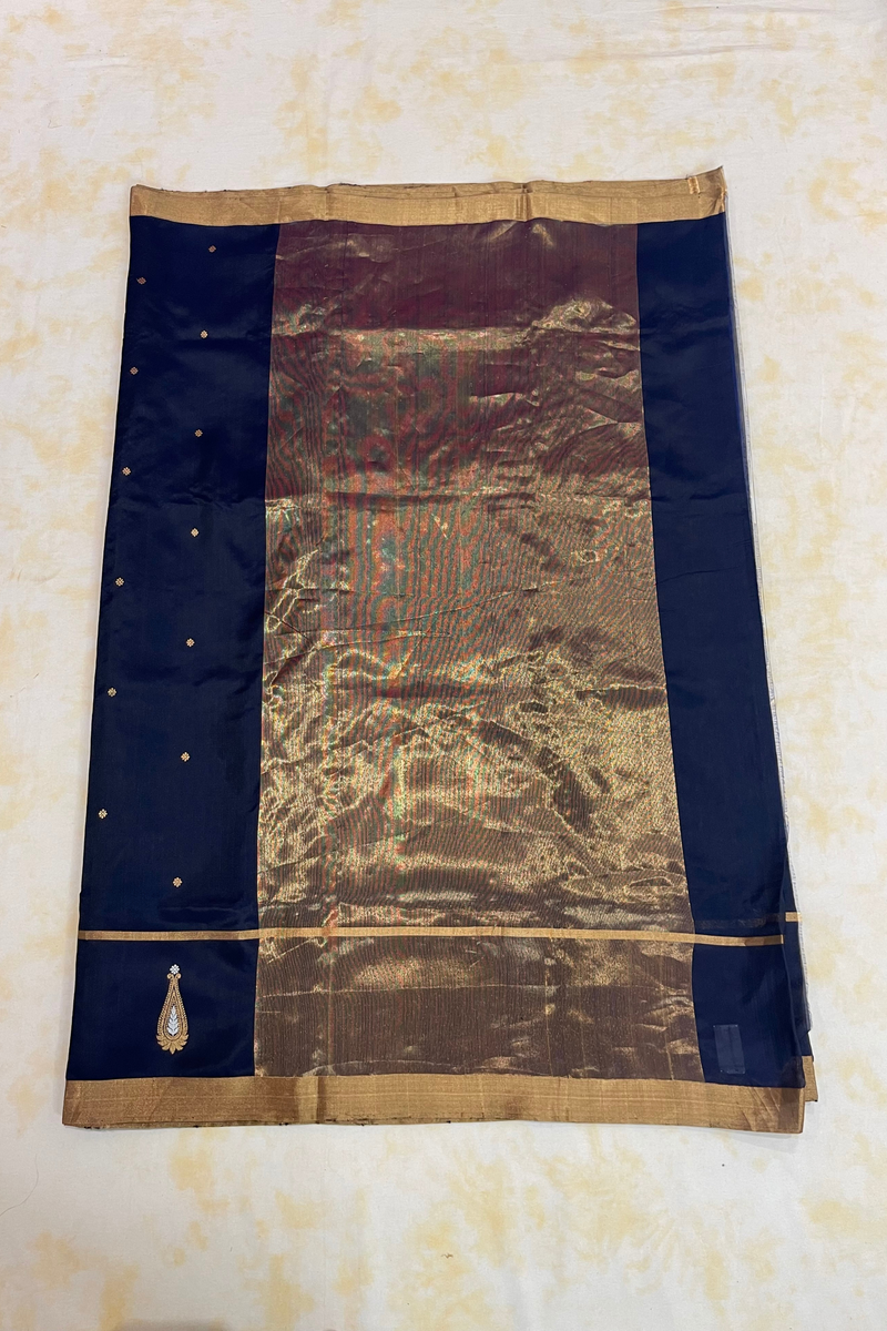 HOV Handloom Chanderi Silk Saree - Border Paisley Buta - Dark Blue - 54-03-04