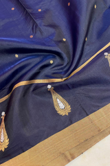 HOV Handloom Chanderi Silk Saree - Border Paisley Buta - Dark Blue - 54-03-04