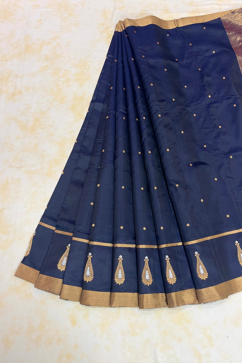 HOV Handloom Chanderi Silk Saree - Border Paisley Buta - Dark Blue - 54-03-04