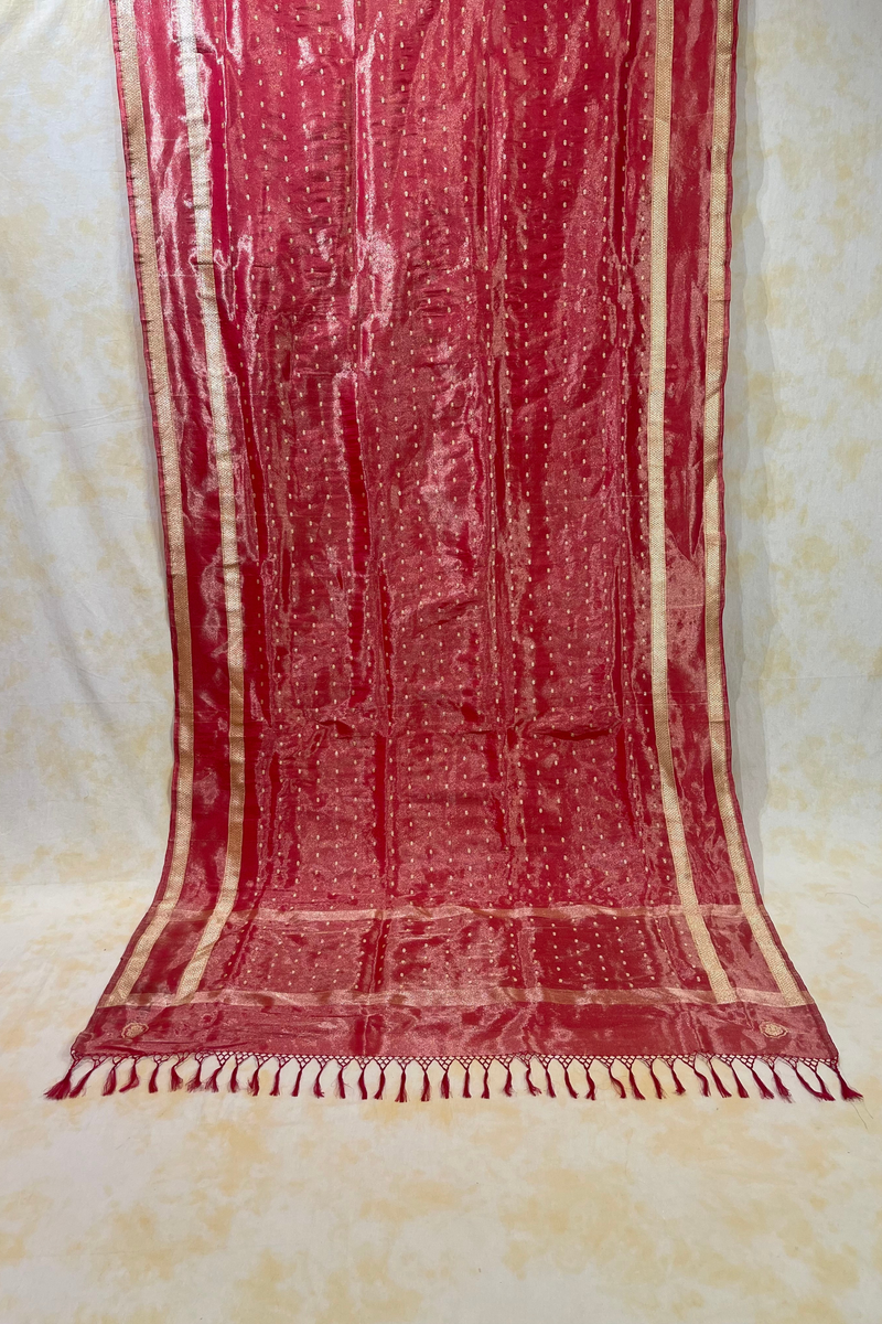 HOV Exclusive Pure Zari Handloom Banarasi Tissue Silk Saree - Red Silver Zari Kasturi - 026