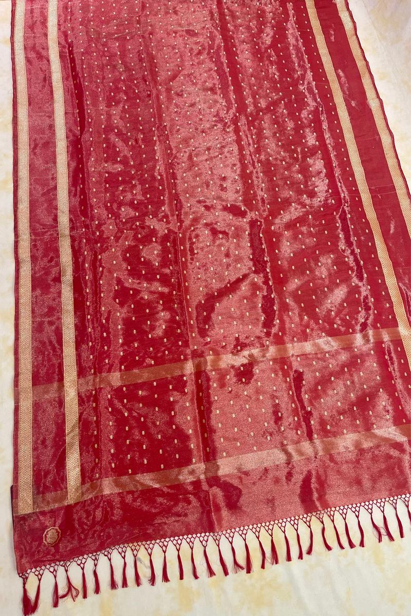 HOV Exclusive Pure Zari Handloom Banarasi Tissue Silk Saree - Red Silver Zari Kasturi - 026