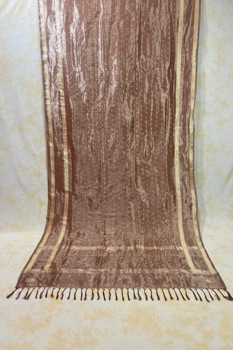 HOV Handloom Pure Zari Tissue Banarasi Katan Silk Saree - Butidar - Beige Kasturi - 087