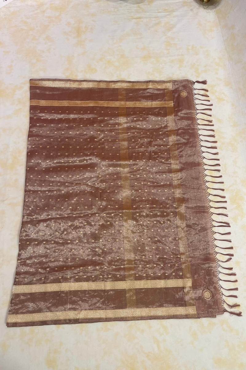 HOV Handloom Pure Zari Tissue Banarasi Katan Silk Saree - Butidar - Beige Kasturi - 087