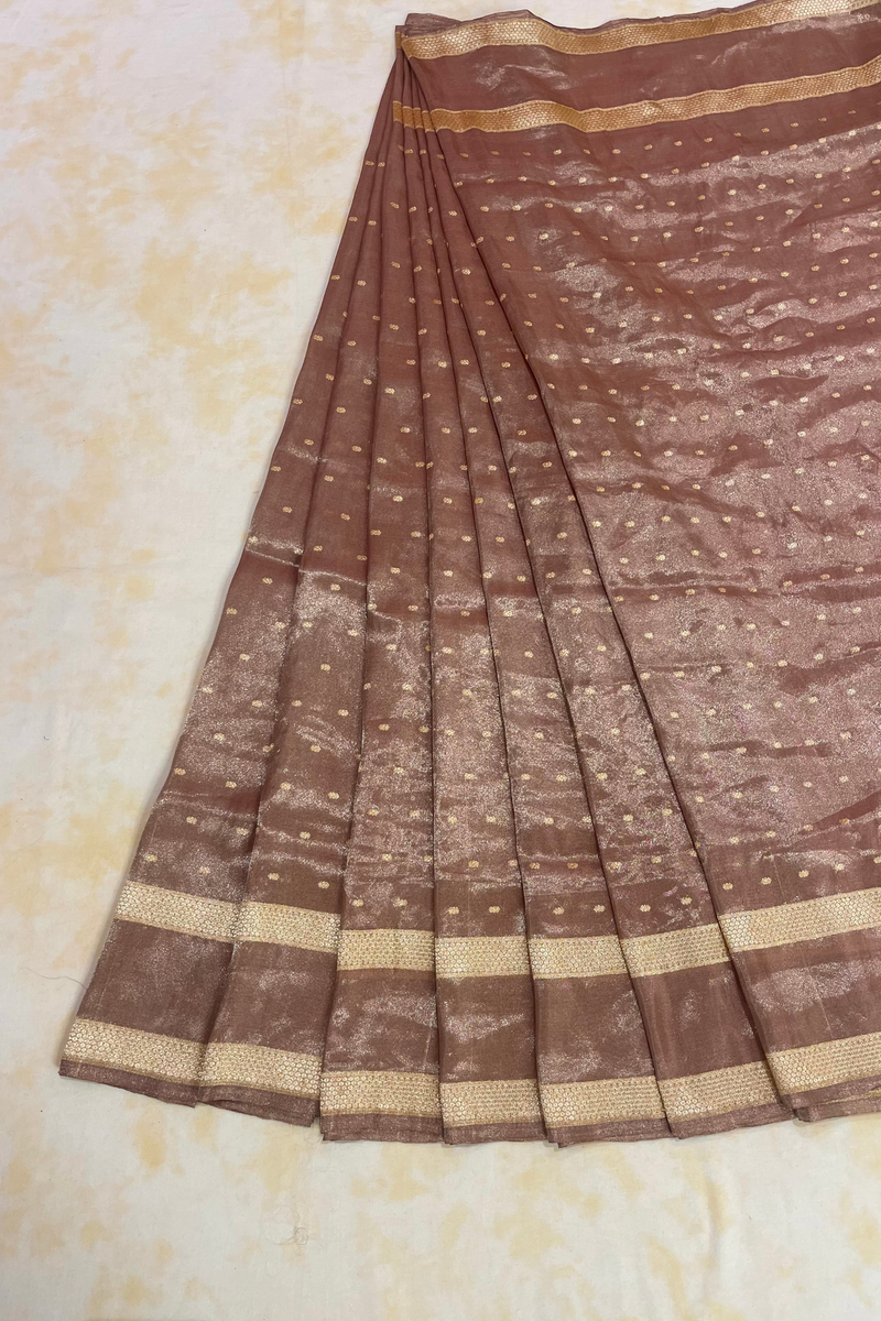 HOV Handloom Pure Zari Tissue Banarasi Katan Silk Saree - Butidar - Beige Kasturi - 087