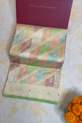 HOV Exclusive Handloom Banarasi Katan Silk Saree - Checks - Rangakat- Off White Green  - 107