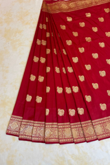 HOV Exclusive Real Zari Handloom Banarasi Katan Silk Saree - Custom Made Gold Border - Red  - 108