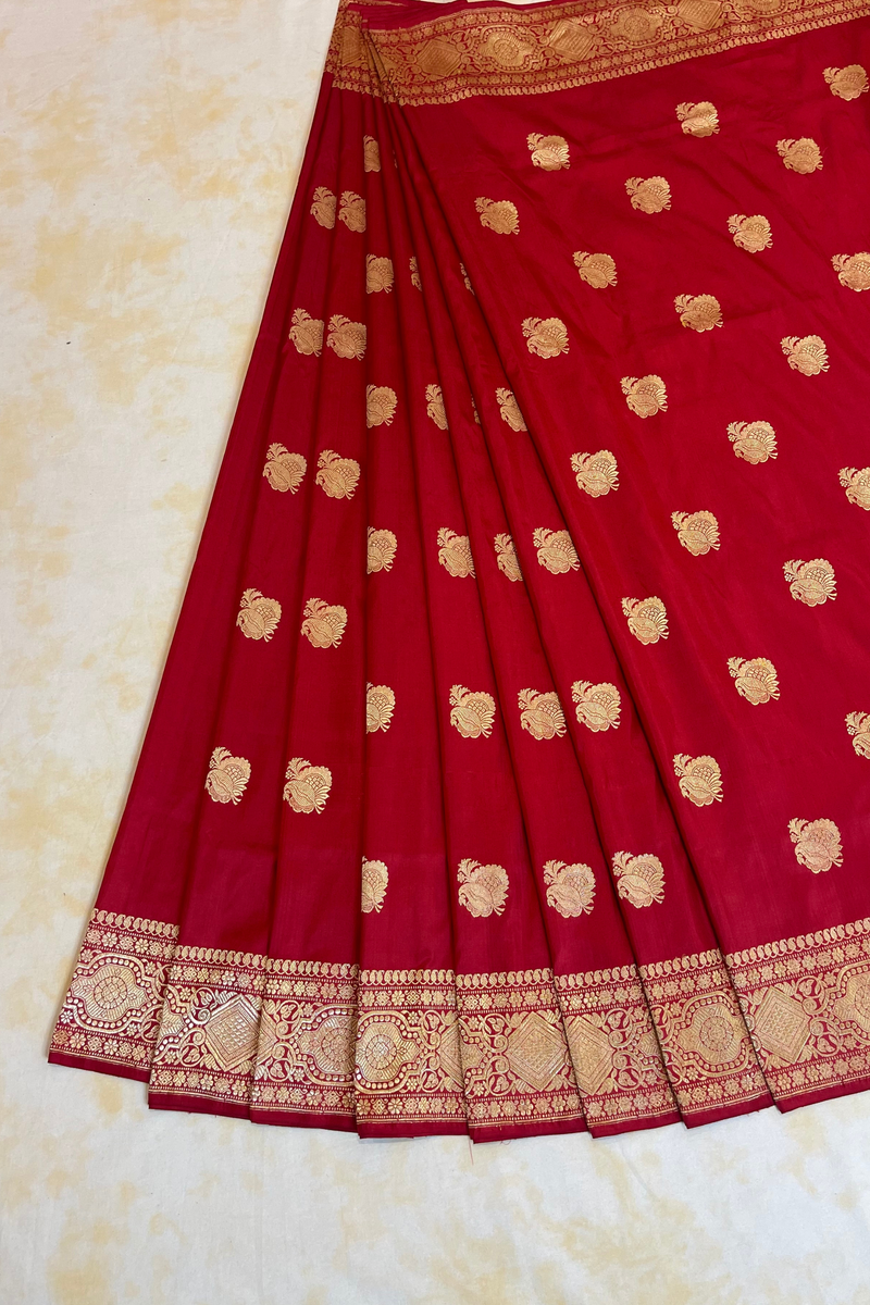 HOV Exclusive Real Zari Handloom Banarasi Katan Silk Saree - Custom Made Gold Border - Red  - 108