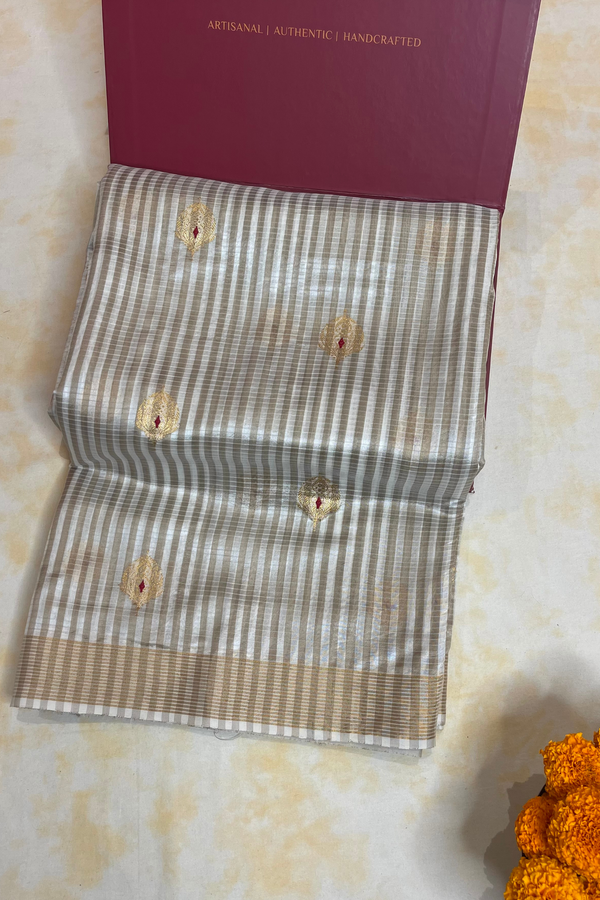 HOV Handloom Chanderi Silk Saree - Kota Silk Feather - White - 045