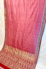 Pure Zari Handloom Kadhua Banarasi Shalu Silk Satin Saree - Small Border - Sangita - All Gold Zari - Peach Red