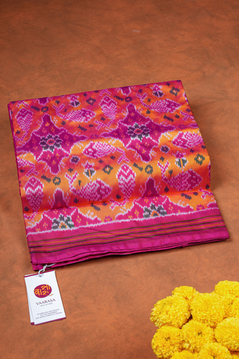 Handloom Ikat Silk Saree- Yellow Pink FIsh Motif