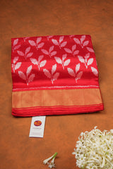 Handloom Ikat Silk Saree-Red White Floral Motif
