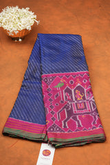 Handloom Twill Double Ikat Silk Saree - Blue Stripes Pink Elephant Border