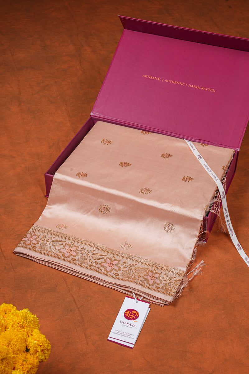 Real Zari Handloom Kadhua Banarasi Katan Silk Saree - Butidar - Peach Minedar
