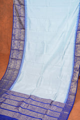 Handloom Ikat Silk Saree - White Blue Kanchi Border