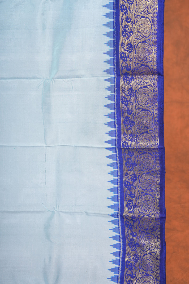 Handloom Ikat Silk Saree - White Blue Kanchi Border