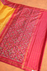 Handloom Twill Double Ikat Silk Saree - Yellow Stripes Red Border