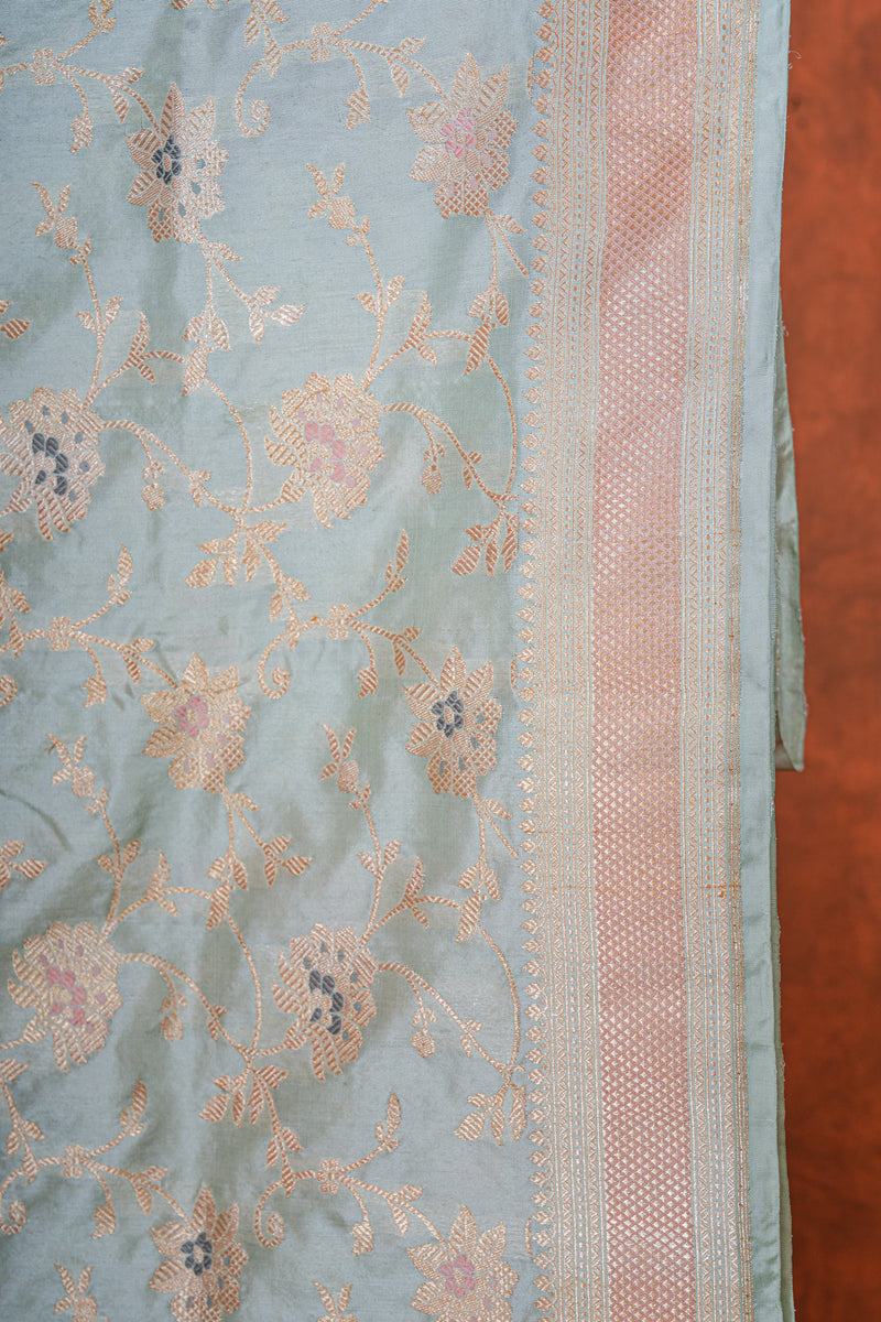 Real Zari Handloom Kadhua Banarasi Katan Silk Saree - Jaangla - Pastel Blue Minakari